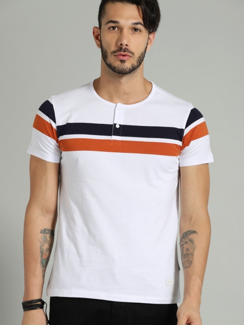 

Roadster Men White & Navy Blue Striped Henley Neck T-shirt
