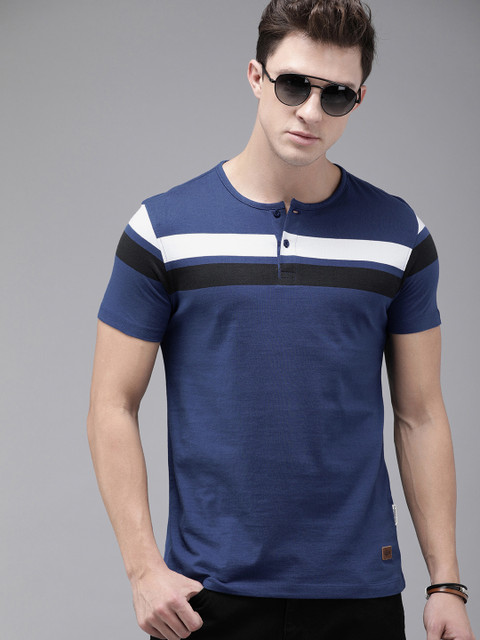 

Roadster Men Blue Striped Henley Neck Pure Cotton T-shirt