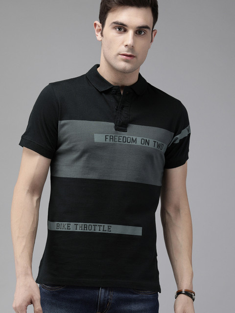 

Roadster Men Black & Grey Colourblocked Polo T-shirt
