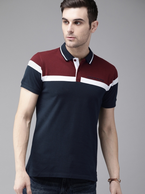 

Roadster Men Maroon & Navy Blue Colourblocked Polo T-shirt