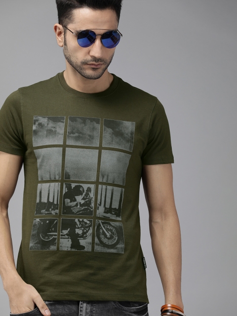 

Roadster Men Olive Green Photo Biker Printed Round Neck T-shirt