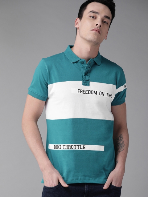 

Roadster Men Teal Blue Colourblocked Polo Collar T-shirt