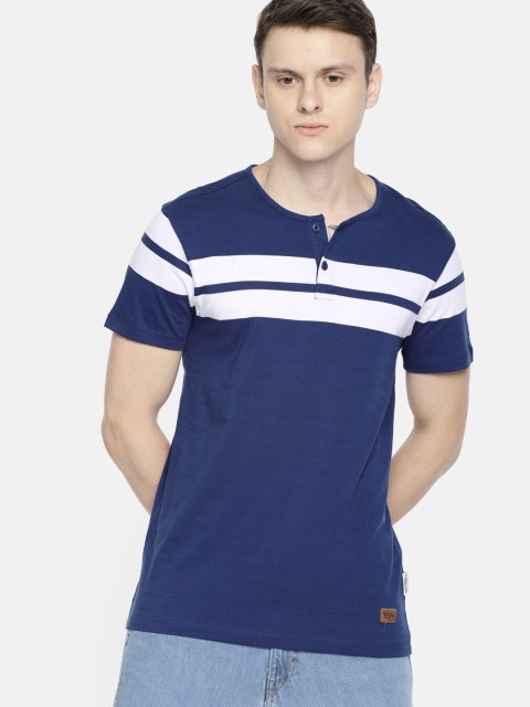 

Roadster Men Blue & White Striped Henley Neck T-shirt