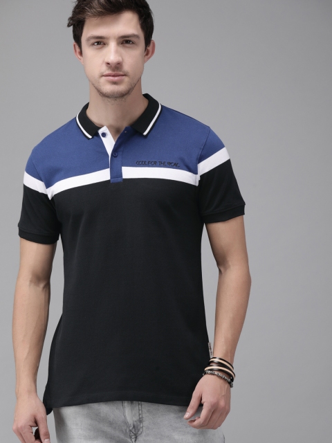 

Roadster Men Black & Navy Blue Striped Polo Collar T-shirt