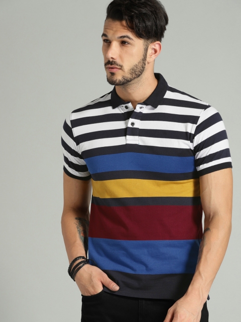 

Roadster Men Navy Blue Striped Polo Collar T-shirt