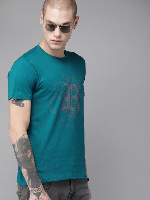

The Roadster Lifestyle Co Men Teal Blue Printed Round Neck Pure Cotton T-shirt