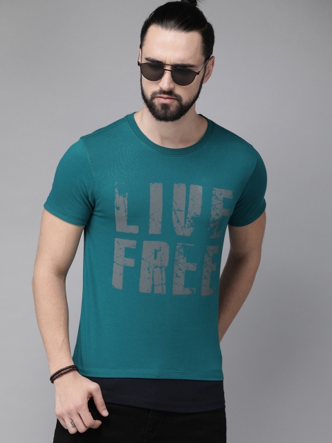 

Roadster Men Teal Blue Printed Round Neck T-shirt