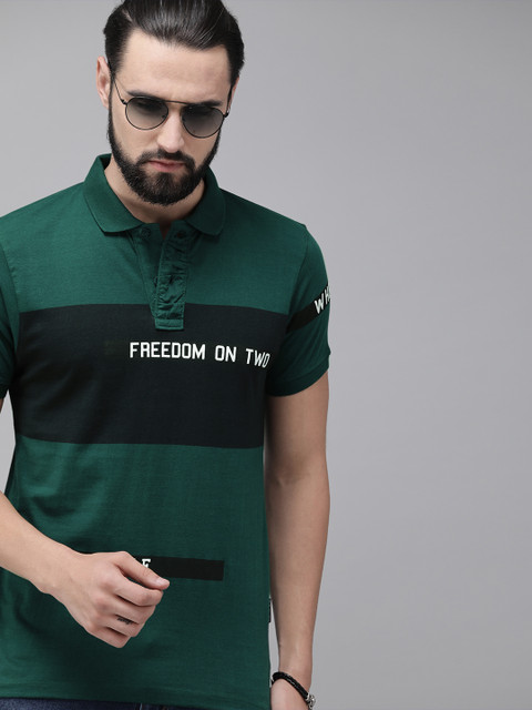 

Roadster Men Olive Green & Black Colourblocked Polo T-shirt