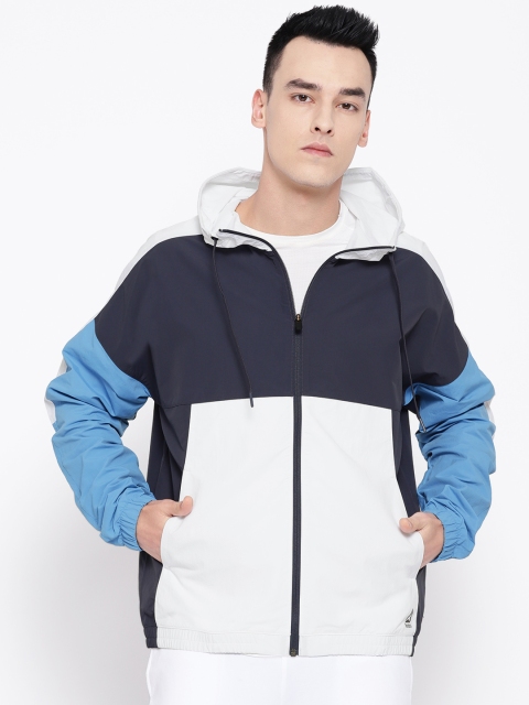 

Reebok Men Blue & White Meet You There Woven Colourblocked Hooded Training Jacket