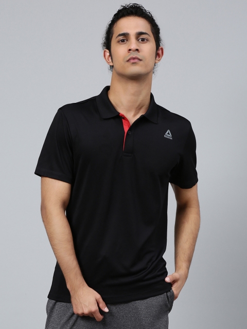 

Reebok Men Black Solid Slim Fit Active Basic Polo Collar Training T-shirt