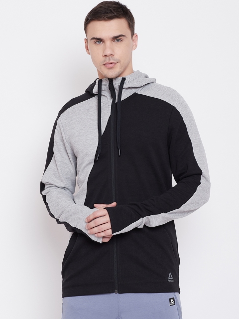 

Reebok Men Charcoal Grey & Black Colourblocked OST Full Zip Hooded Training Sweatshirt, Grey melange