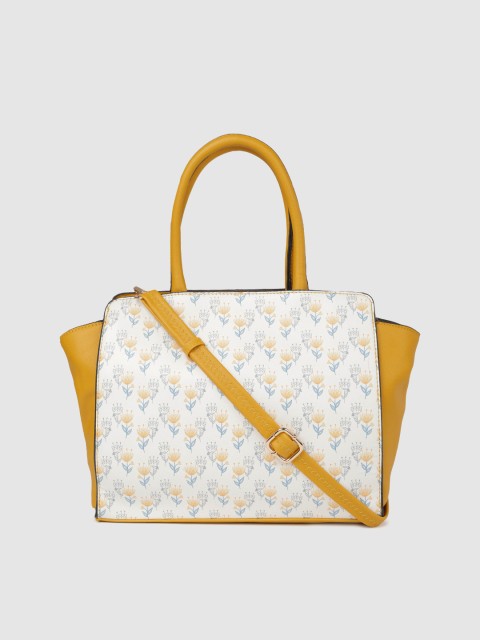 

Global Desi White & Yellow Printed Handheld Bag