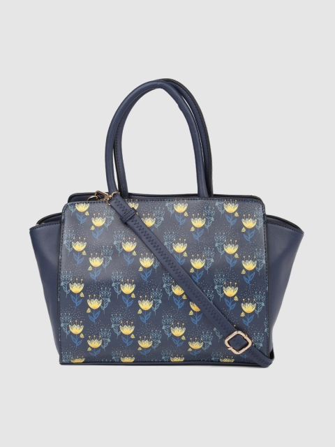 

Global Desi Navy Blue & Yellow Printed Handheld Bag