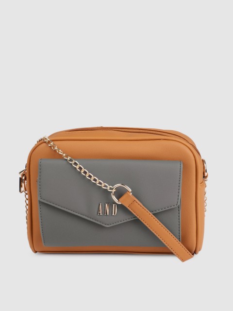 

AND Women Tan & Grey Solid Sling Bag