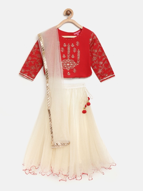 

Biba Girls Off-White & Red Printed Ready to Wear Pattu Pavadai with Dupatta