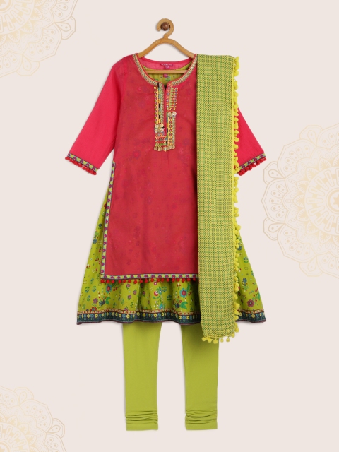 

Biba Girls Coral Pink & Green Solid Kurti with Churidar & Dupatta