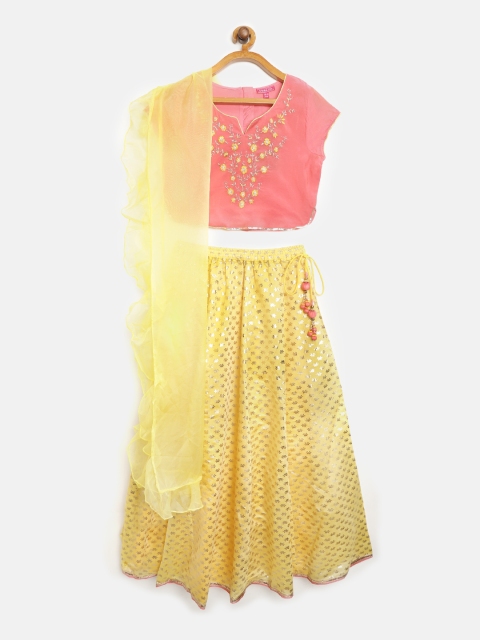 

Biba Girls Yellow & Pink Floral Ready to Wear Lehenga & Embroidered Blouse with Dupatta