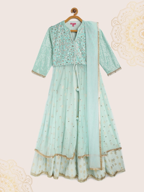 

Biba Girls Turquoise Blue Embroidered Kurta with Skirt & Dupatta