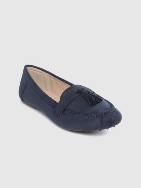 

Tresmode Women Navy Blue Solid Suede Loafers with Taselled Detail