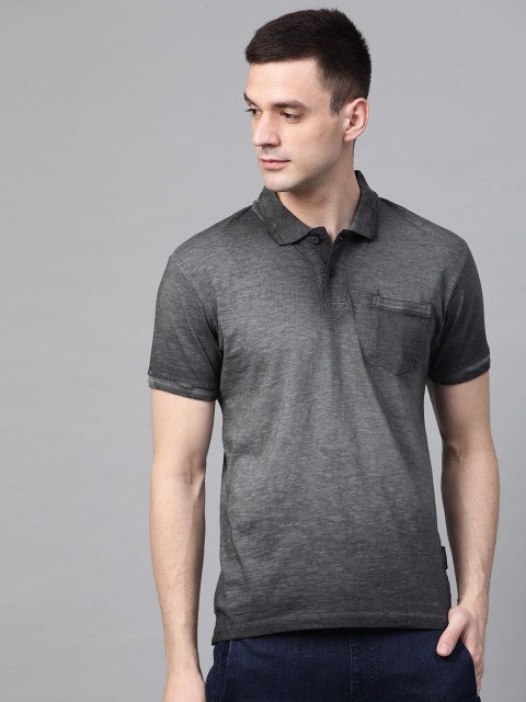 

Roadster Men Charcoal Grey Washed Polo Collar T-shirt
