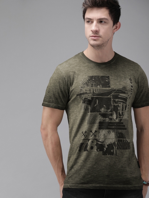 

Roadster Men Olive Green Printed Round Neck T-shirt