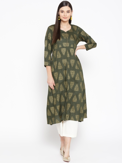 

Varkha Fashion Women Olive Green & Golden Printed A-Line Kurta