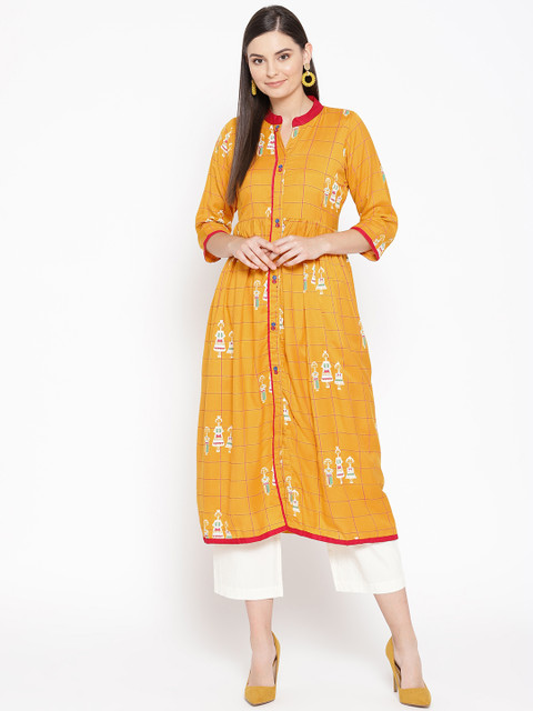 

Varkha Fashion Women Mustard Yellow & Off-White Printed A-Line Kurta