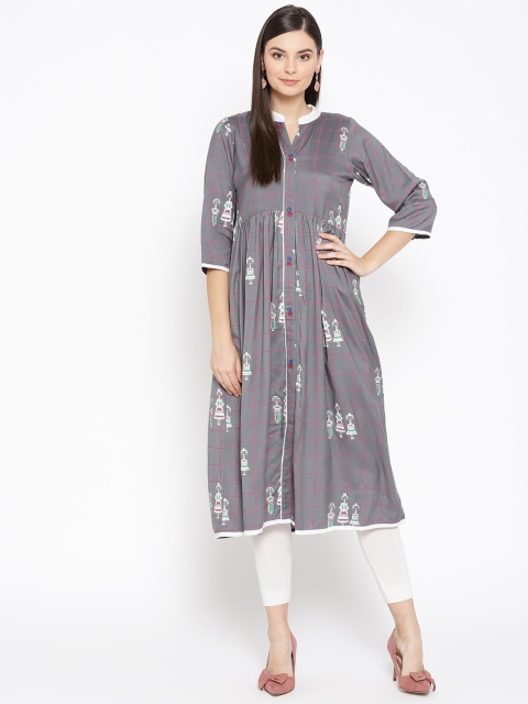 

Varkha Fashion Women Grey & Pink Checked A-Line Kurta with Quirky Printed Detail