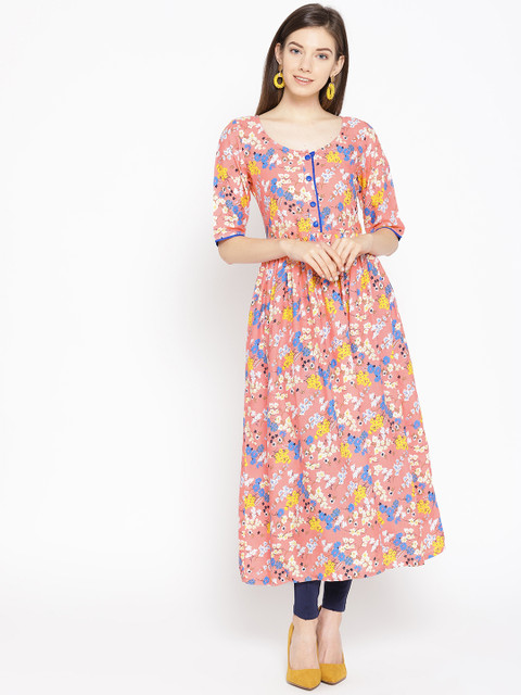 

Varkha Fashion Women Peach-Coloured & Blue Floral Printed A-Line Kurta