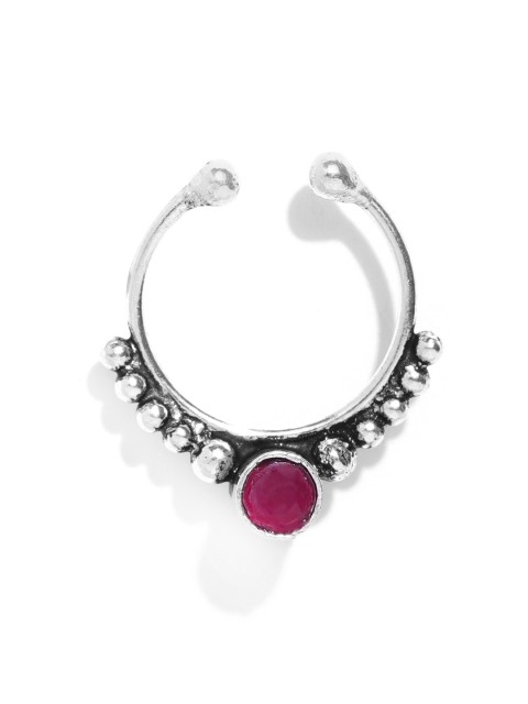 

FIROZA Maroon & Oxidised Silver-Toned Stone-Studded Clip-On Septum Nose Ring