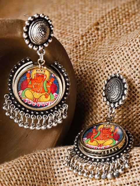 

FIROZA Oxidised Silver-Toned & Orange Ganesha Print Circular Drop Earrings