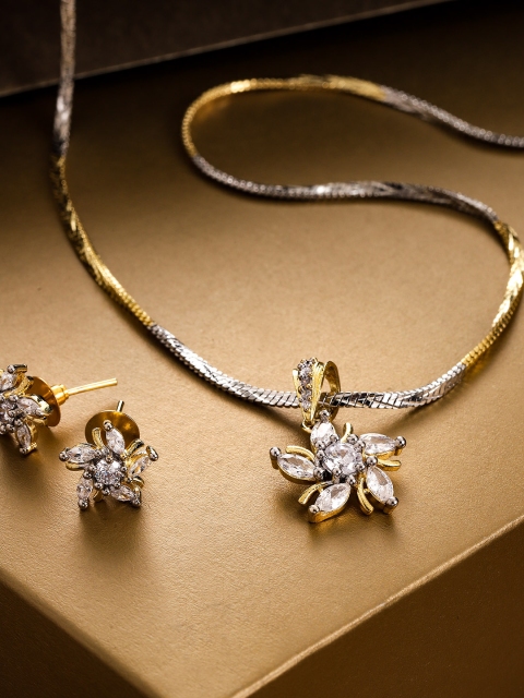 

FIROZA Silver-Toned Gold-Plated American Diamond Studded Floral Jewellery Set