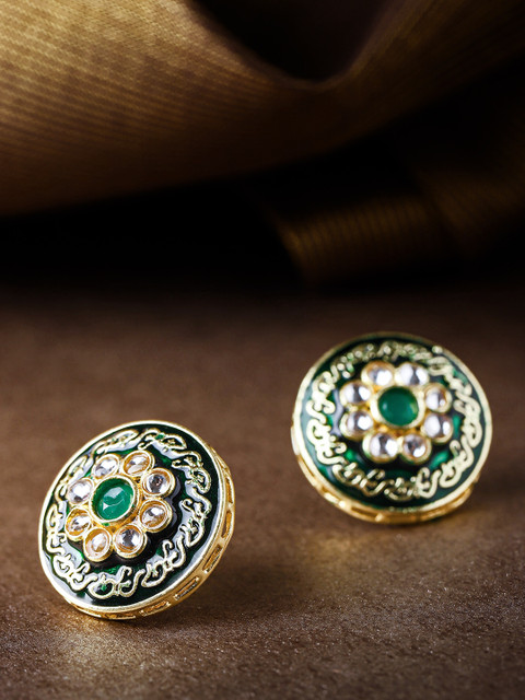 

FIROZA Green & Gold-Toned Meenakari Circular Kundan Studs