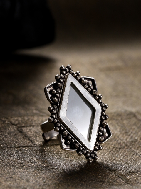 

FIROZA Oxidised Silver-Toned Mirror Work Geometric Adjustable Finger Ring