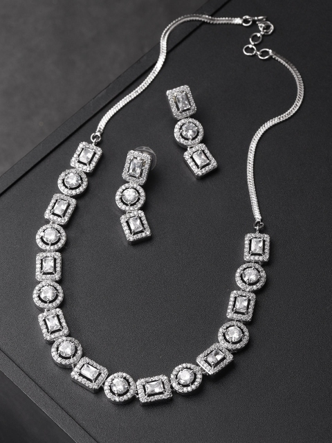 

FIROZA Silver-Toned Rhodium-Plated American Diamond Studded Geometric Jewellery Set