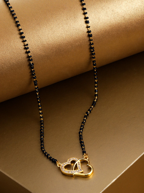 

FIROZA Black & Gold-Toned Beaded & Stone-Studded Heart Shaped Mangalsutra