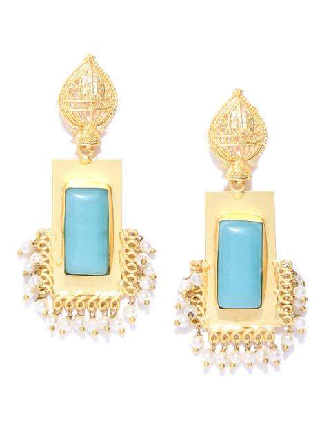 

Infuzze Blue Gold-Plated Stone-Studded Geometric Handcrafted Drop Earrings