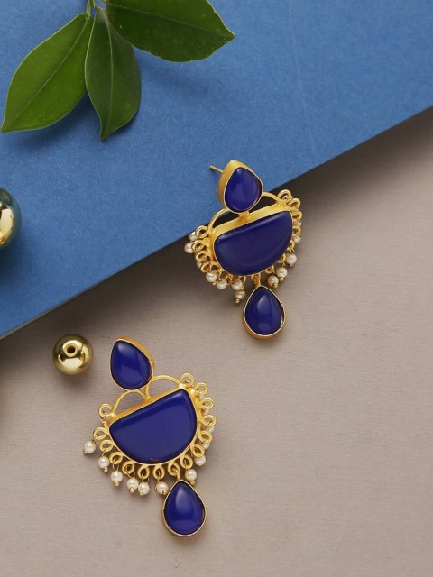 

Infuzze Blue Gold-Plated Stone-Studded Geometric Handcrafted Drop Earrings