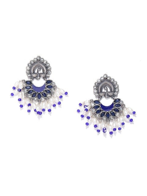 

Infuzze Blue & White Oxidised Silver-Plated Stone-Studded Cresent Shaped Chandbalis