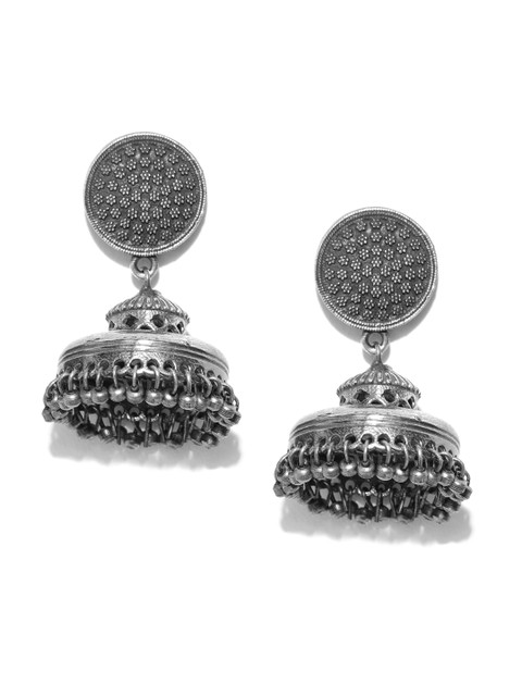 

Infuzze Gunmetal-Toned Oxidised Silver-Plated Textured Dome Shaped Jhumkas, Metallic