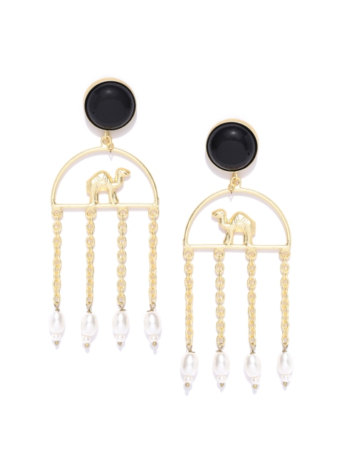 

Infuzze Black Gold-Plated Stone-Studded Geometric Handcrafted Drop Earrings