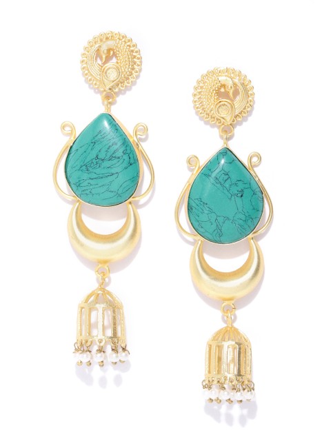 

Infuzze Turquoise Blue Gold-Plated Stone-Studded Teardrop Shaped Handcrafted Drop Earrings