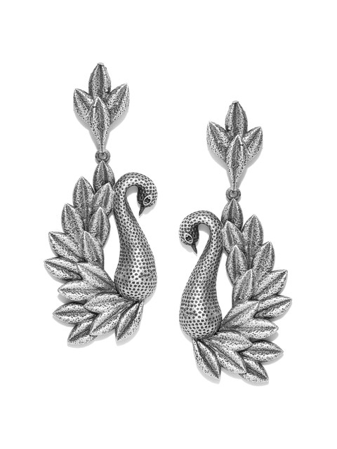 

Infuzze Silver-Plated Oxidised Peacock Shaped Drop Earrings