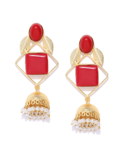 

Infuzze Red Gold-Plated Stone-Studded Geometric Handcrafted Drop Earrings