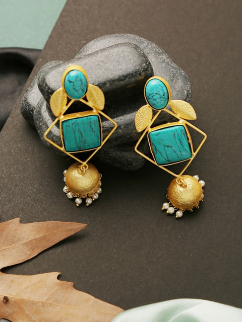 

Infuzze Turquoise Blue Gold-Plated Stone-Studded Geometric Handcrafted Drop Earrings