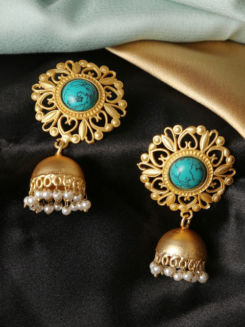 

Infuzze Turquoise Blue Gold-Plated Handcrafted Stone Studded Beaded Dome Shaped Jhumkas