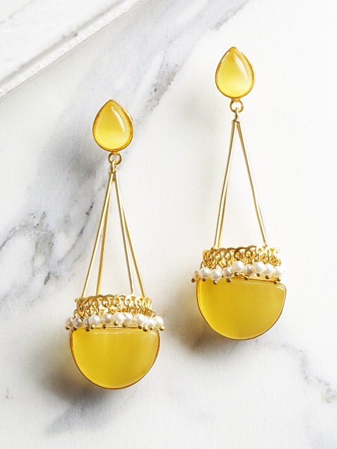 

Infuzze Yellow Gold-Plated Handcrafted Stone-Studded Beaded Geometric Drop Earrings