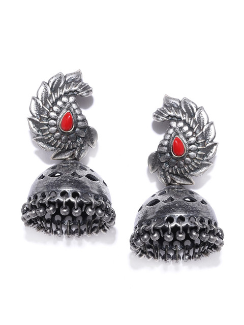

Infuzze Red Oxidised Silver-Plated Stone-Studded Dome Shaped Jhumkas