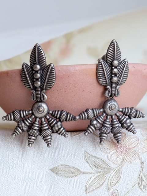

Infuzze Oxidised Silver-Plated Leaf Shaped Textured Drop Earrings