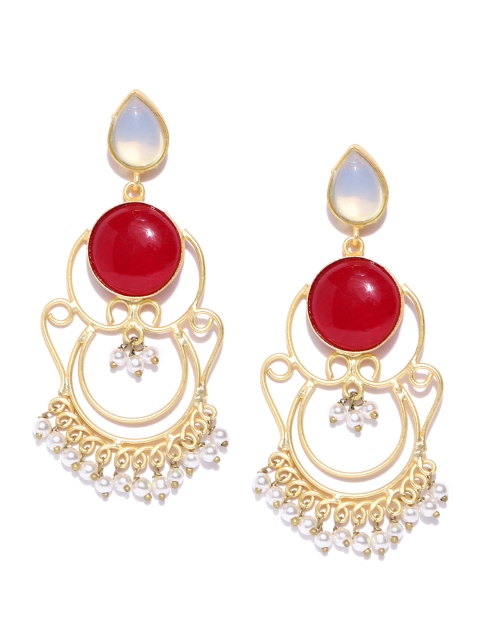 

Infuzze Red Gold-Plated Stone-Studded Crescent Shaped Handcrafted Drop Earrings